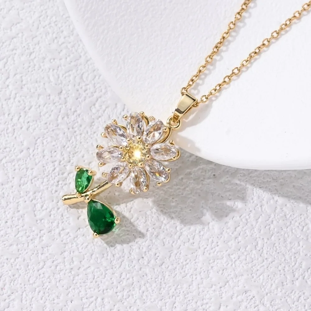 Gold White Flower & Green Leaf Pendant Necklace